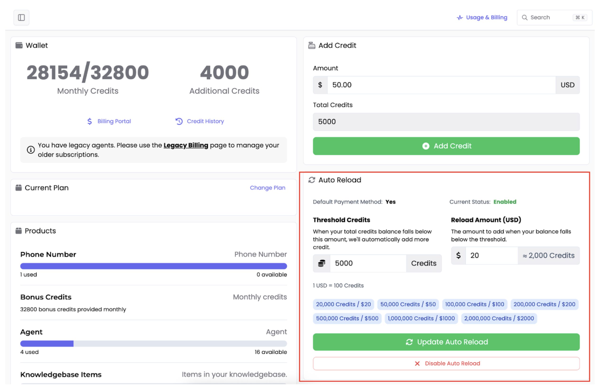 Auto Reload feature settings in user's billing page