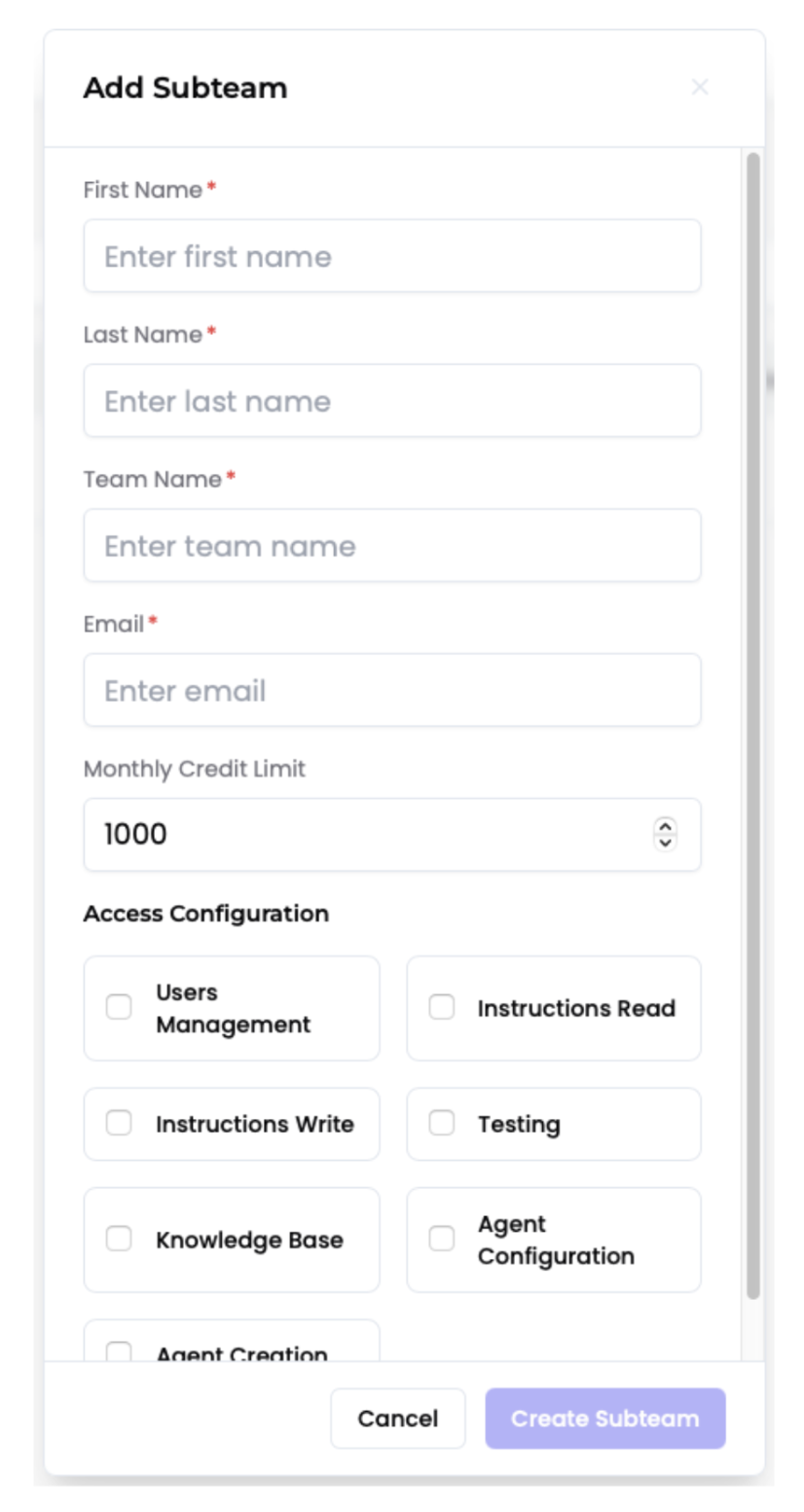 Subteam creation form showing all required fields