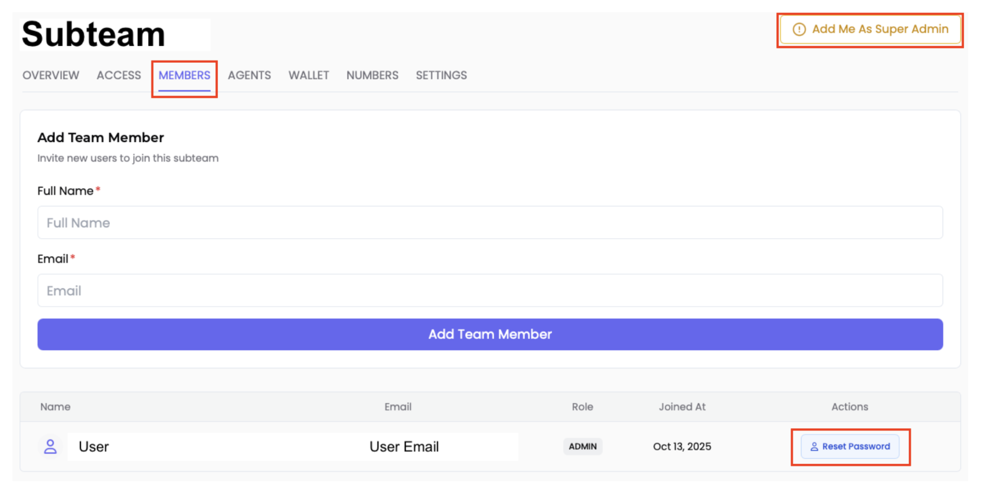 Subteam member configuration page showing Super Admin option