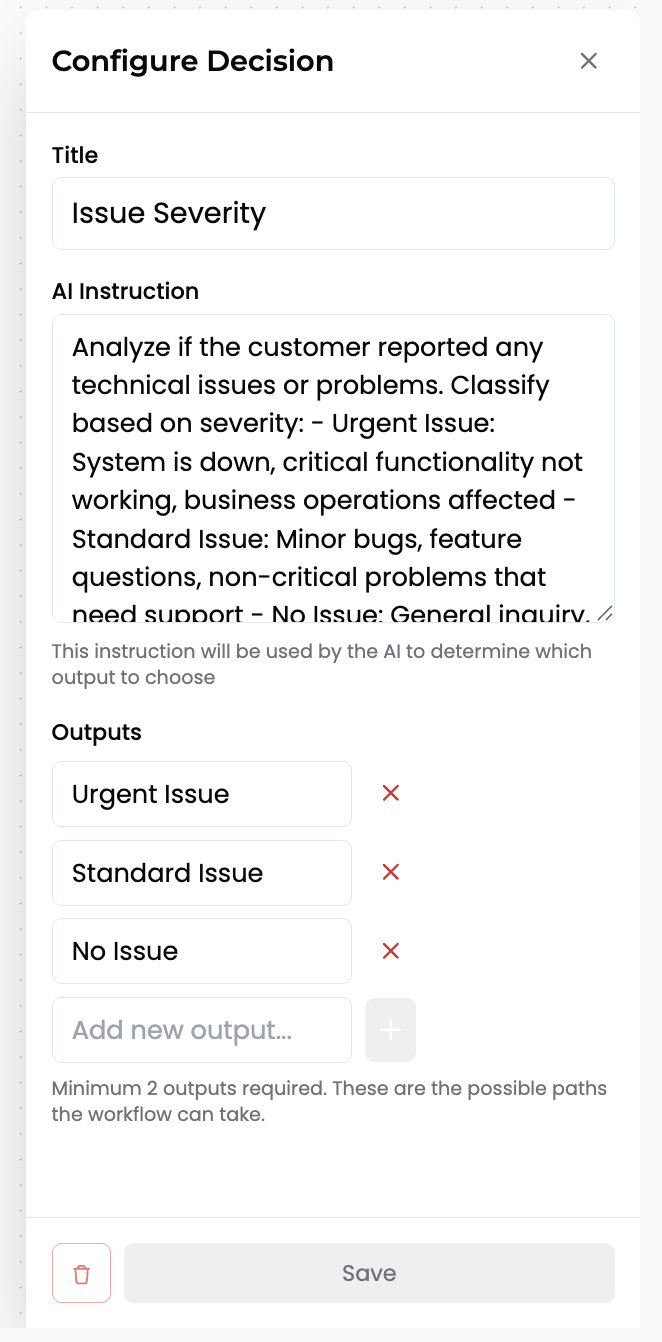 Configuring a decision node with instructions and outputs