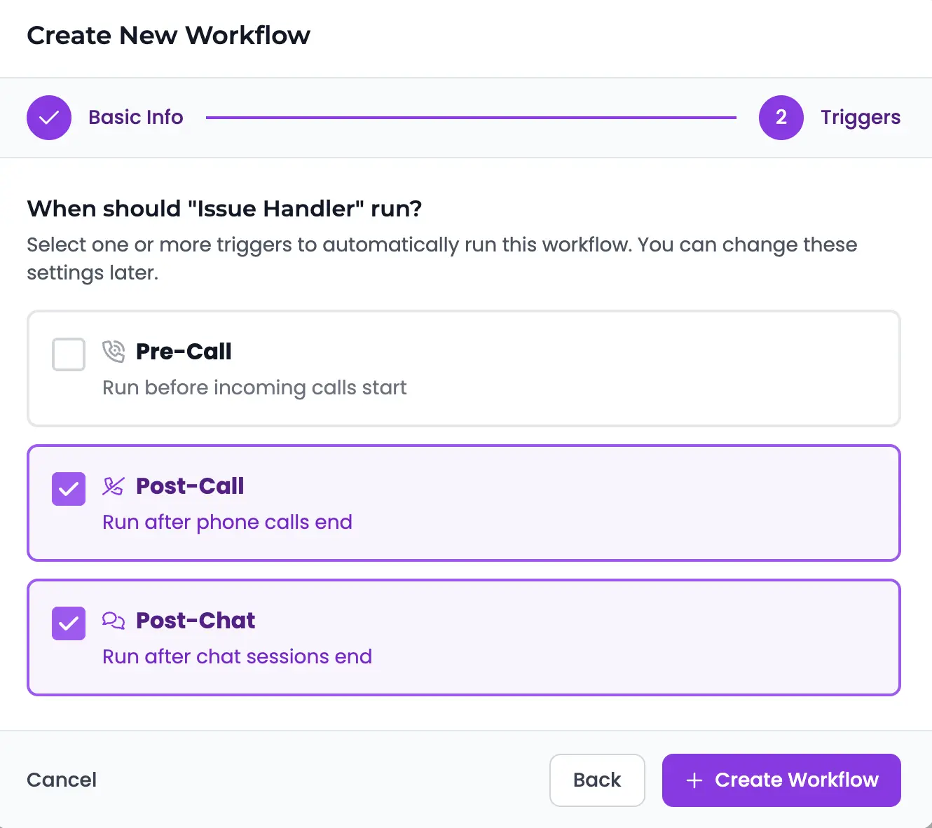 Workflow creation wizard - Step 2: Select triggers